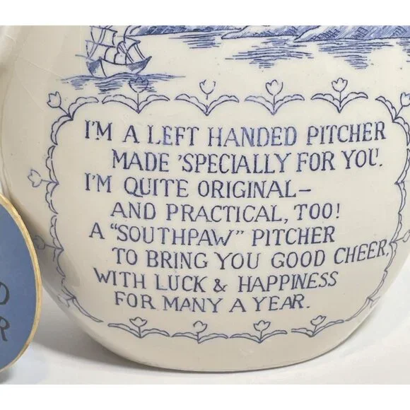 Left-Handed Ceramic Pitcher With Blue & White Nautical Design 5
